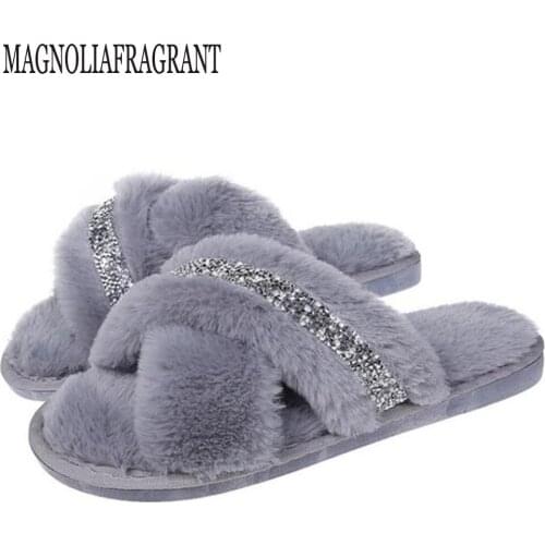 Home Furry Slippers Ladies Winter New Fashion Cotton Slippers Female Indoor Non-slip Sequins Cross Plush Slippers Women hy916