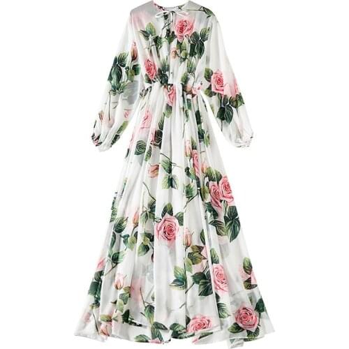 Fairy New Gentle wind retro rose print dress elegant chiffon dress is prevented bask in a holiday beach dress
