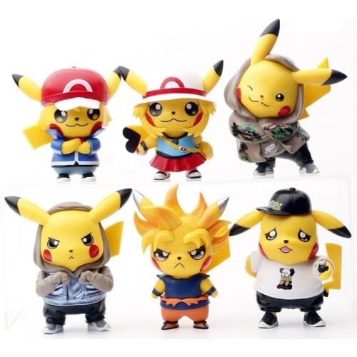 Pokemon Toys 6 Pikachu Cos Animation Characters Wear Clothes and Hats, Models Hand-Made Car Accessories