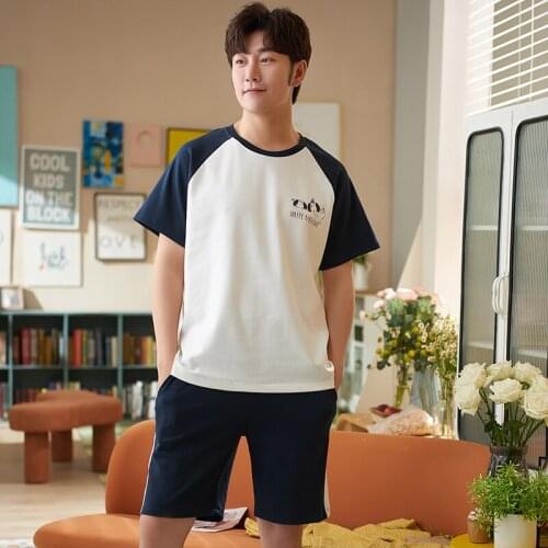 Short Sleeve O-Neck Cotton Summer Homewear Men Fashion Blue Patchwork Cartoon Pajamas Casual Plus Size Mens T-shirts Sleepwear