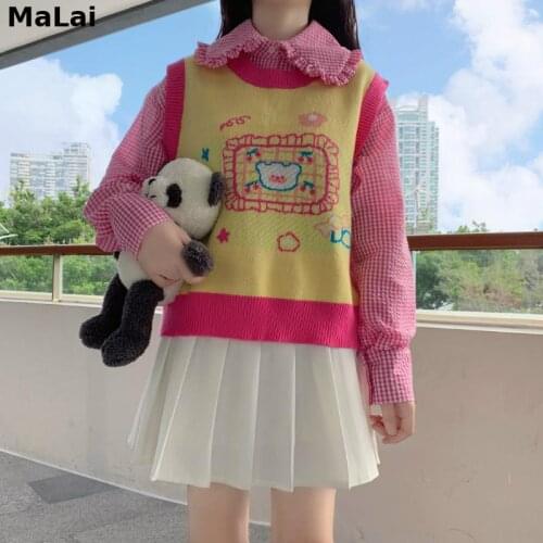 Sweet Girly Preppy Style Cute JK Student Sweaters Loose Japanese Winter New Kawaii Cartoon Knitting Sleeveless Vest Sweater