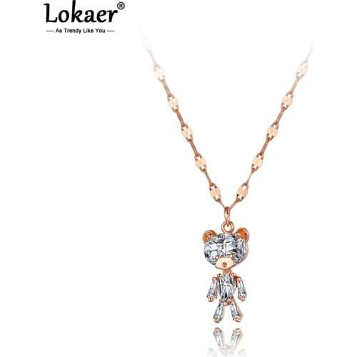 Lokaer Trendy Office Style Stainless Steel Crystal Bear Charm Choker Necklaces Rose Gold Party Pendant Necklace For Girls N20211