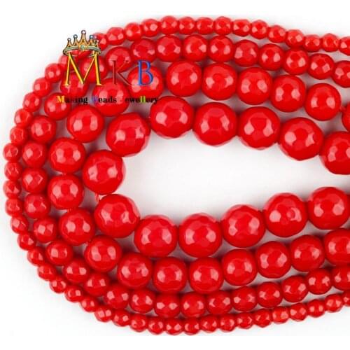 Natural Faceted Red Coral Chalcedony Jades Stone Beads For Jewelry Making Diy Bracelet Necklace Accessories Jewellery Findings