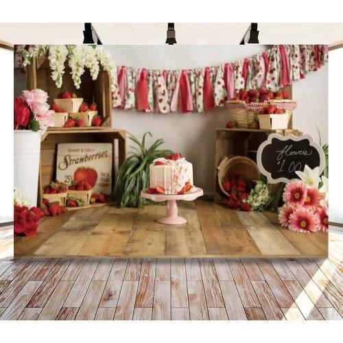 Pink Chrysanthemum and Strawberry Cake Backdrops Photo Background Decorations for Kids Birthday Party Photography Photocall