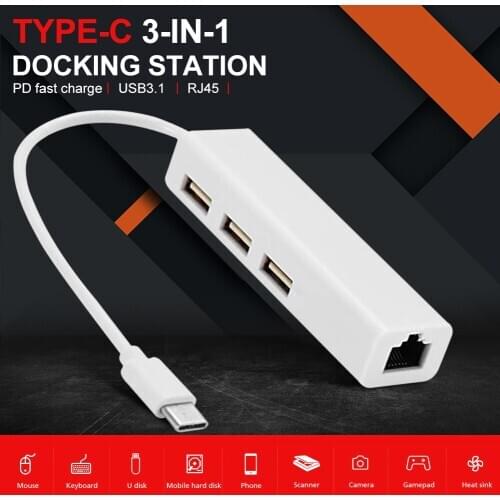 3 in 1 Network Card USB3.1 Type-C to RJ45 + 3 Network Adapterfor Mobile Phones Tablet Computers