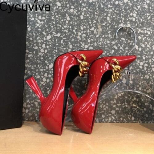 Metal Decorate Patent Leather Women Pumps Slip On Pointed Toe High Heel Shoes Women Sexy Party Wedding Sandalias For Women Shoes