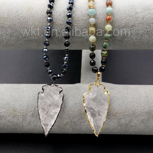 WT-N905 5pcs/lot All-Match Natural Crystal Arrowhead Pendant with 32" long Handmade Beads Necklace Design Wholesale