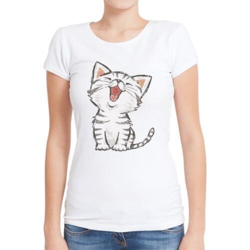 American Shorthair Women T Shirts Short Sleeve Fashion O-Neck T-Shirt Happy Cat Cartoon Printing Lady Tops Funny Casual Slim Tee