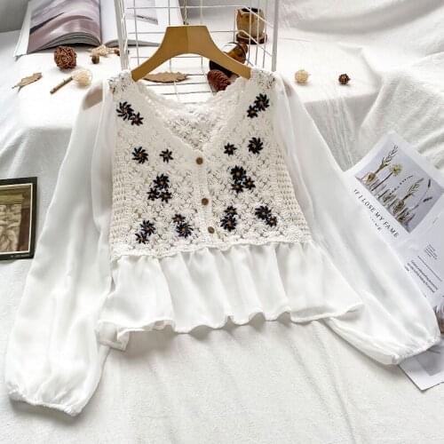 Lace Chiffon Patchwork Knitted Women Blouse Summer New 2021 O-Neck Lantern Sleeved Hollow Out Female Pulls Outwear Tops