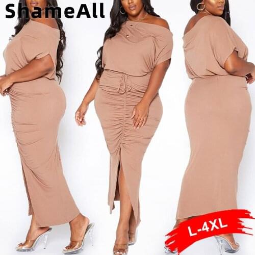 Plus Size Drawstring Ruched Bandage Skirts 2 two Piece Set 4XL Summer Loose Slope Shoulder Tops Club Split Punk Rave Skirt Suits