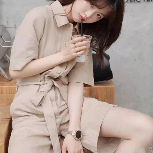 Women Turn-Down Jumpsuit High Waist Short Sleeve Single Breasted Playsuit 2021 Summer Ladies Rompers with Pockets and Sashes