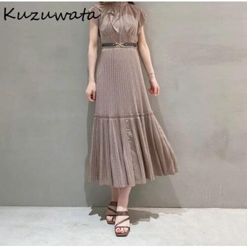 Kuzuwata 2021 Autumn Women Robe Japanese Temperament Vestidos Solid Flying Sleeves Ruffles Empire Drawstring Pleated Dresses