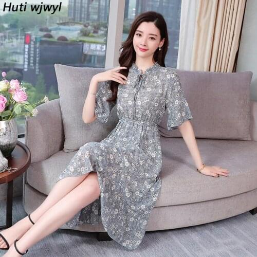 2021 Blue Floral Chiffon Boho Midi Dresses Summer Vintage Plus Size Print Beach Sundress Elegant Women Bodycon Party Vestidos