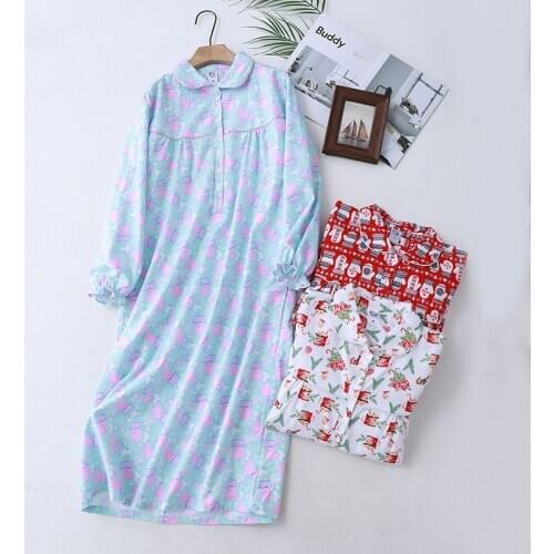 Women Long Sleeve Sleeping Dress Pure Cotton Brushed Fabric Cartoon Printing Sexy Sleepwear Plus Size Night Dress Home Nightgown