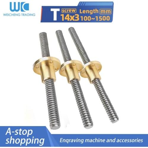 1/2PC stainless steel trapezoidal threaded screw T14*3 +Cooper flang nut 100 150 200 250 300 350 400 450 500 600 800 900 1000mm