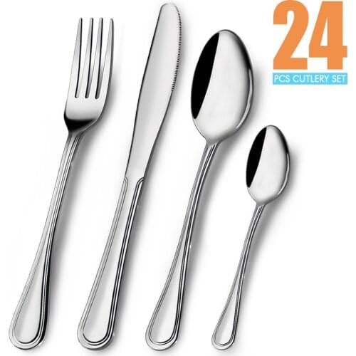 24PCS Tableware Cutlery Dinner Set Cutlery Sets Dishes Knives Forks Spoons Western Kitchen Dinnerware 18/10 Stainless Steel