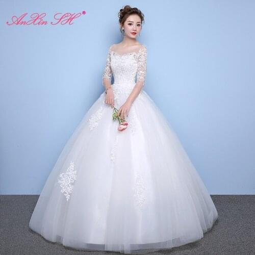 AXJFU princess flower lace white wedding dress party vintage o neck illusion half sleeve ball gown lace up wedding dress