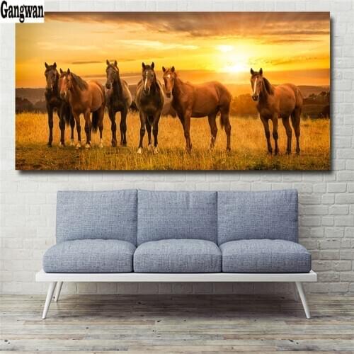 Large diamond painting wild horses diy diamond mosaic sunset landscape Full square round Cross Stitch,3D rhinestones painting