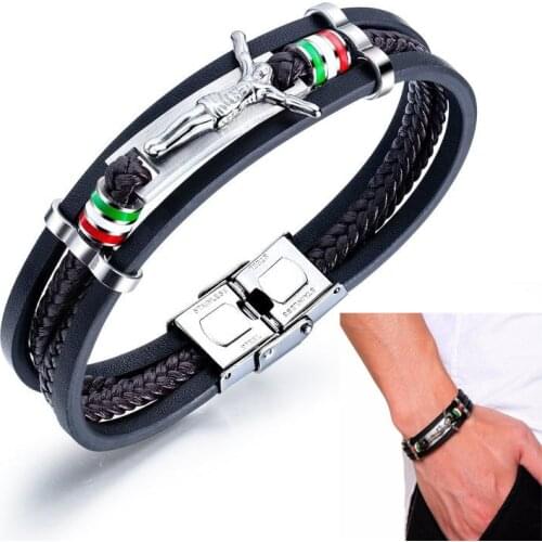 Jesus Charm Men Bracelet Layered Genuine Leather with Stainless Steel Christ Faith Wristband Bracelet