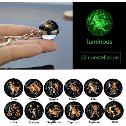 Luminous 12 Constellation Keychain Glass Ball Double Side Zodiac Sign Keychain Bag Purses Keys Charms Christmas Gift