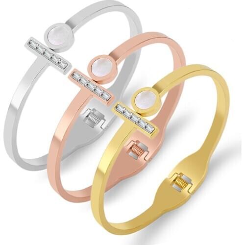 Brand Zirconia Crystal Bangle Big Circle Shell Woman Bracelet & Bangle Stainless Steel Spring Open Pulseiras Fashion Jewelry