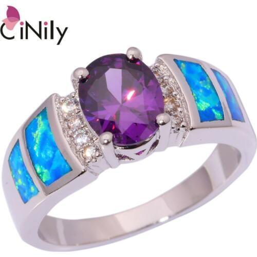 CiNily Vintage Blue Fire Opal Silver Plated Filled Rings Purple CZ Gem Clear Crystal Stone Lavish Large Party Jewelry Women Men