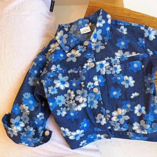2021 Autumn New Fashion Flower Print Kids Girls Casual Denim Jacket Children Boys Trench Coat Toddler Outerwear Cowboy Clothing