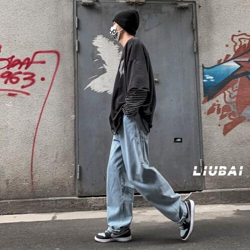 Men Jeans Korean Straight Pants 2021 All Match Daily Casual Streetwear Male Long Denim Trousers Pants Harajuku Chic