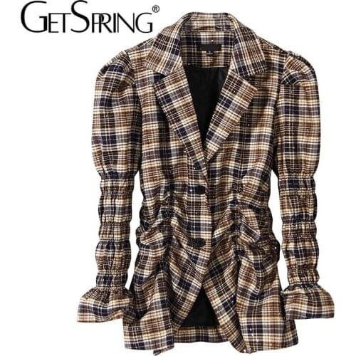 GetSpring Women Blazer Plaid Patchwork Single Breasted Long Sleeve Ladies Suit Coat Sequins Wrinkled Woman Jacket Autumn 2021