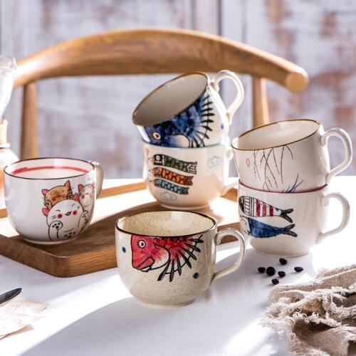 Large Capacity Cute Ceramic Mug with Lid and Spoon Fortune Cat Family Personality Couple Mug Cartoon Animal Fish Coffee Milk Cup