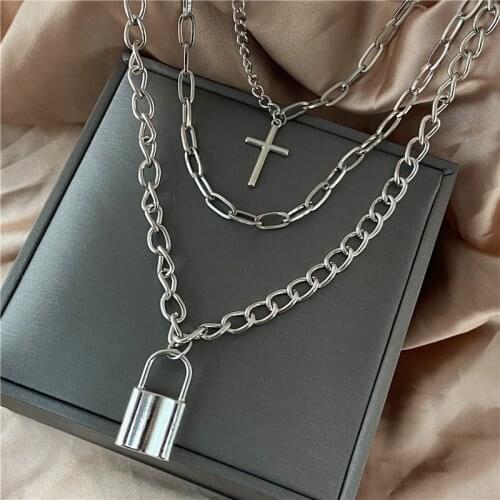 2021 Fashion Hip Hop Multilayer Necklace for Women Punk Silver Color Cross Lock Pendant Chain Necklace Jewelry Gifts