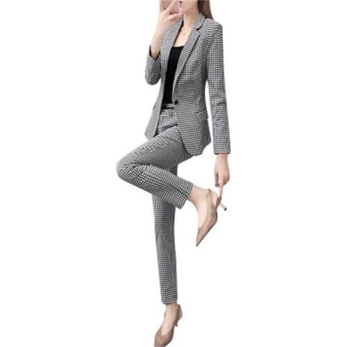 Fashion Occupation suit suit women autumn New high-end leisure business Plaid suit + pants Two-piece set women Work clothes