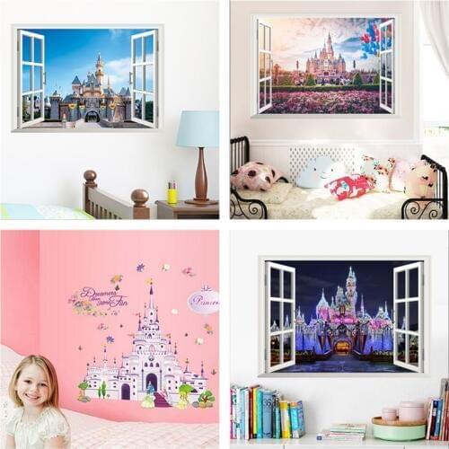 Fantastic Princess Castle Wall Stickers For Kids Bedroom Home Decoration 3d Window Wall Mural Art Diy Girls Decals