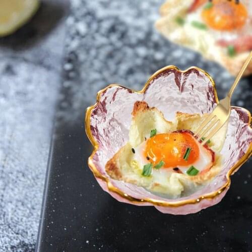 Small Glass Dish Mini Japanese Cherry Blossoms Seasoning Plate Nordic Style Gold Inlay Glass Sauce Bowl For Ice Cream Fruit Sala