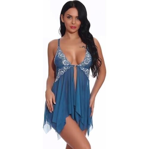 Nightdress Lingerie for Women Front Closure Babydoll Lace V Neck Mesh Sleepwear Sleepwear Hot lingerie porno Silk Satin Costumes
