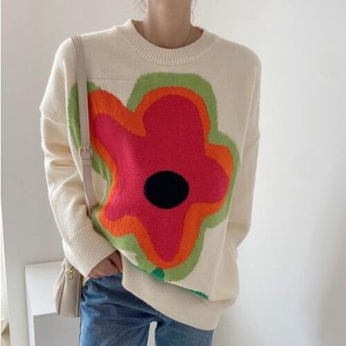 New Women’s Autumn Casual Loose Knitted Sweaters Fashion Ladies Girls Floral Printing Sweater Knitwear Long Sleeve Pullovers