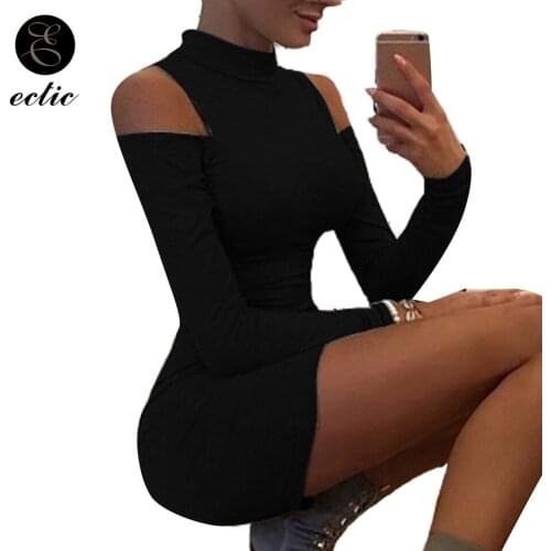 Cold Shoudler Dress Wine Red Robe Femme Ete 2021 Black Sexy Tight Mini Dresses Women Sukienka Knit Mock Neck Dress Long Sleeve