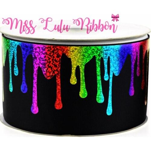 3"75mm Colorful Pattern Printed Grosgrain Ribbon Hologram Rainbow Foil Webbing DIY Christmas Present Wrap Bands 5yards/Roll