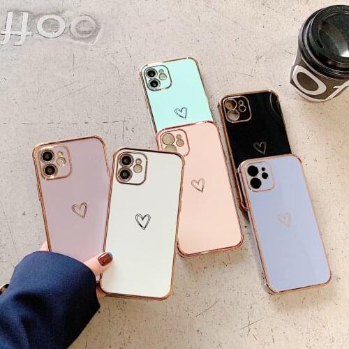 Luxury Plating Love Heart Phone Case for iPhone11 12 Mini Pro Max 7 8 Plus X XS XR Case Glitter Cute Plain Soft Tpu Back Cover