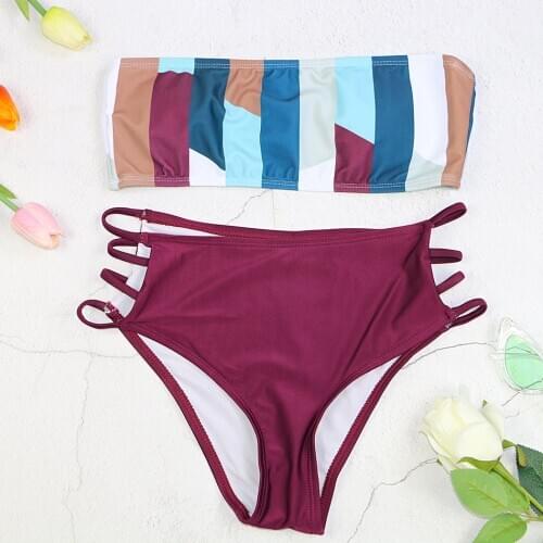 Sexy girl bikinis set bikini swimwear women swimsuit wire free swimming mid waist striped wine red drack blue white off shoulder
