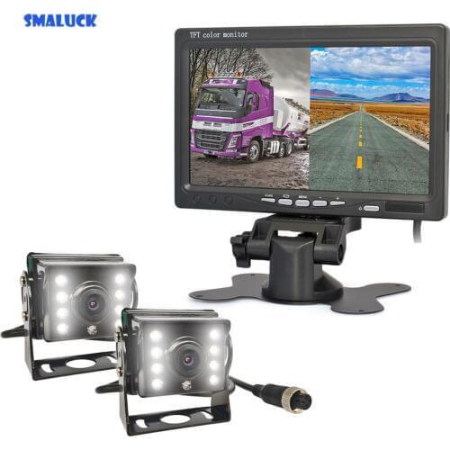 SMALUCK DC12V - 24V 7" 2 Split LCD Screen Car Monitor LED CCD Backup Rear View Car Camera System for Bus Houseboat Truck