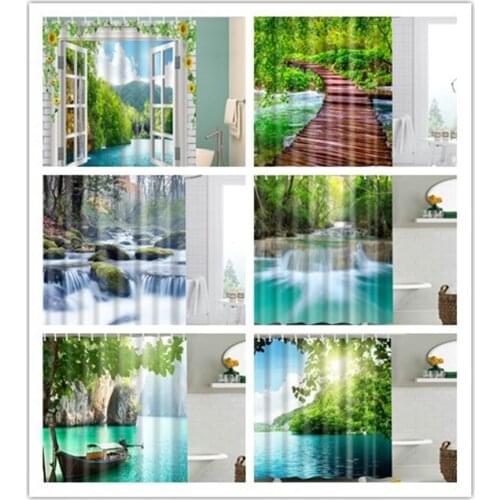 3D Printing Forest Shower Curtain Waterproof Green Plant Tree Landscape Bath Screen Bathroom Curtain With Hooks