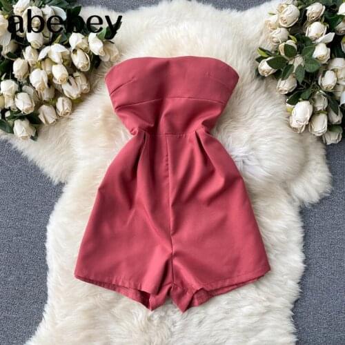 Women Boho Solid Jumpsuits Korean Slim Strapless Flare Sleeve Bow Sashes Rompers Spring Print Wide Leg short Rompers