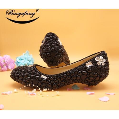 BaoYaFang 2019 New arrival Black Beads Pearl women Wedding shoes Ladies Party shoes 2cm Wedges Low heel shoe big size 44