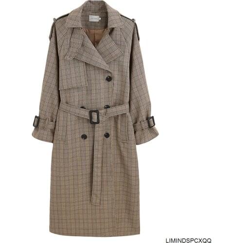 Korean Style Ladies Trench Coat Plaid Long Double Breasted Belted Oversize Loose Women Duster Coat Outerwear With Storm Flaps