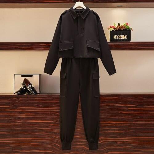 Fashion plus size women streetwear suit 2021 spring new hooded loose crop top and wide leg pants sweatshirt two piece sets cloth