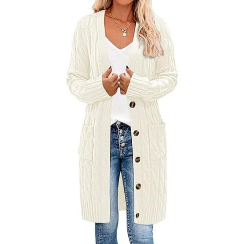 Sweater Knitted Cardigans Maxi Women Fashion Autumn Long Sleeve Loose Coat Casual Button Thick V Neck Solid Female Tops 2021