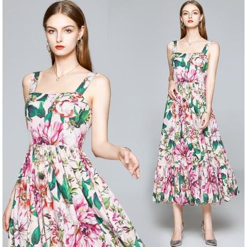 Summer Fashion Women Casual Sleeveless Spaghetti Strap Flower Print Slim Fit Maxi Long Runway Dress