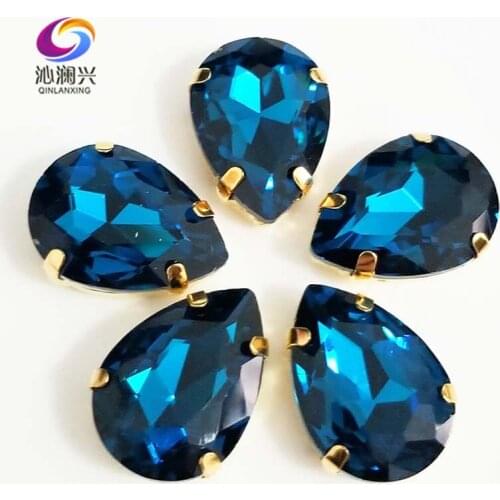 Golden bottom Peacock blue DR shape High quality AAA Glass Crystal sew on claw rhinestones,Diy/Clothing accessories SWSG13