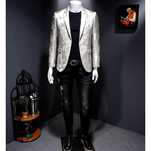 100%real luxury mens champagne/black flower bird jacquard event/short tuxedo jacket/fashion
